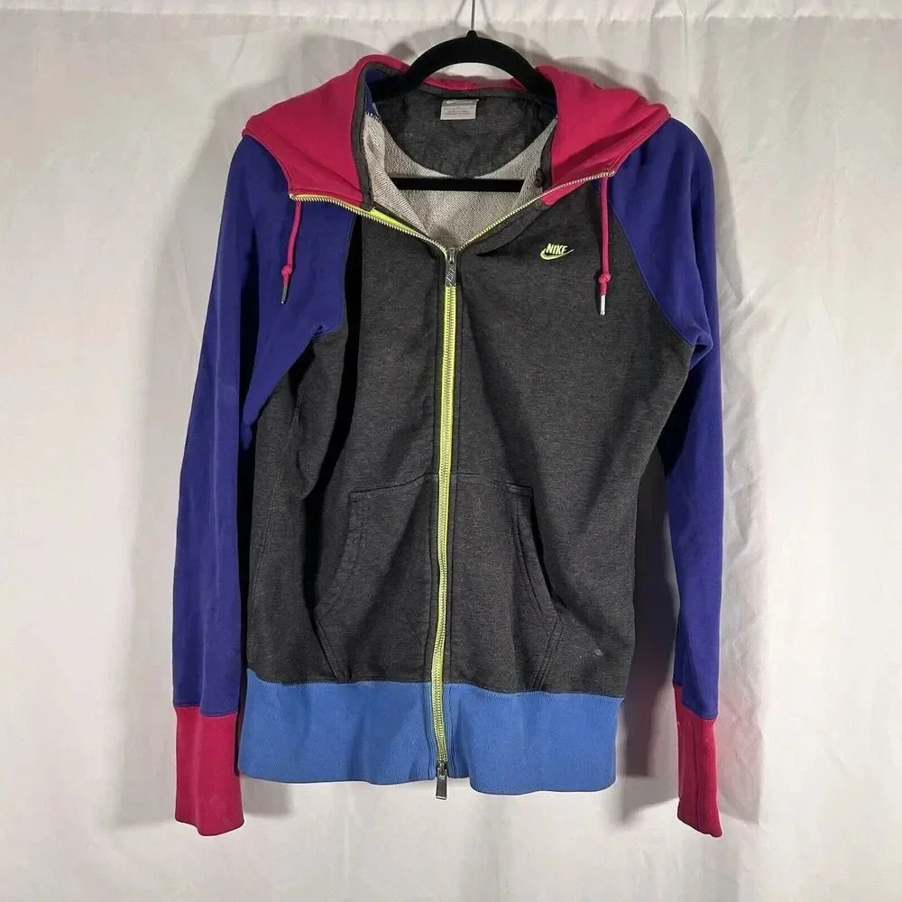 Nike Hoodie Women's Large Grey Purple Full Zip Drawstring Pockets Cotton Sweater